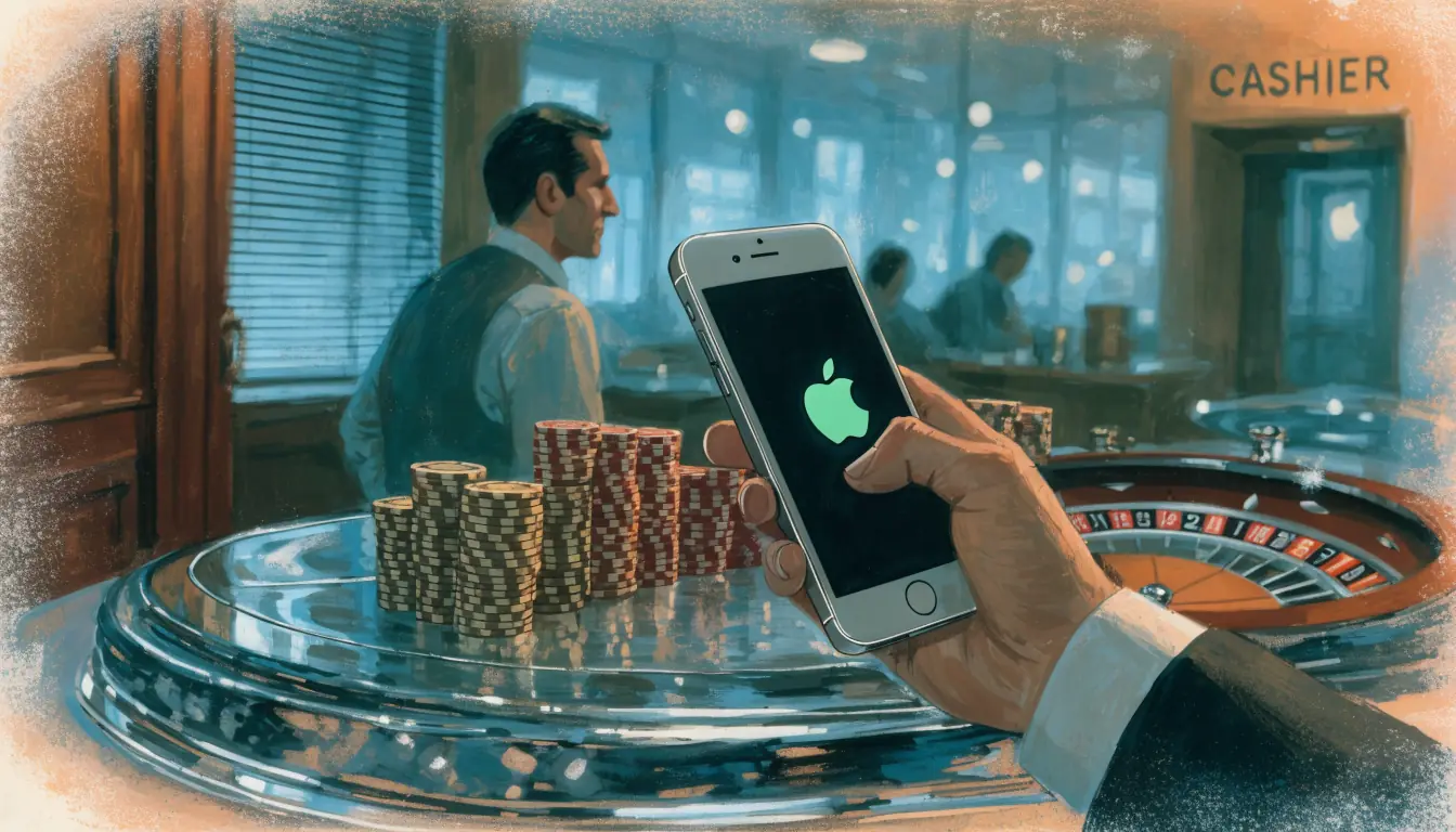 Hand holding an iPhone near casino chips and a roulette wheel in a UK betting shop.