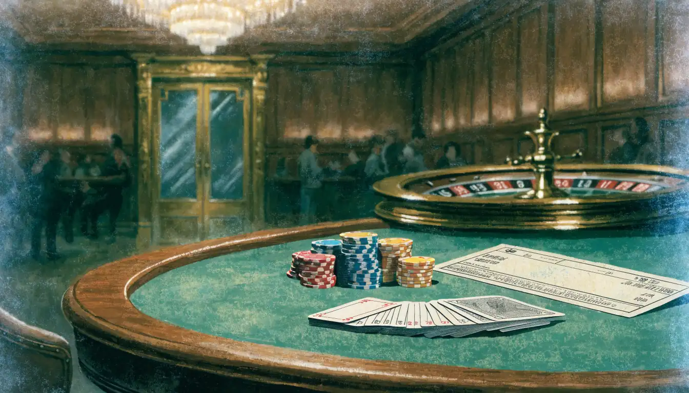 British bank cheque on a green casino table with chips and roulette wheel.