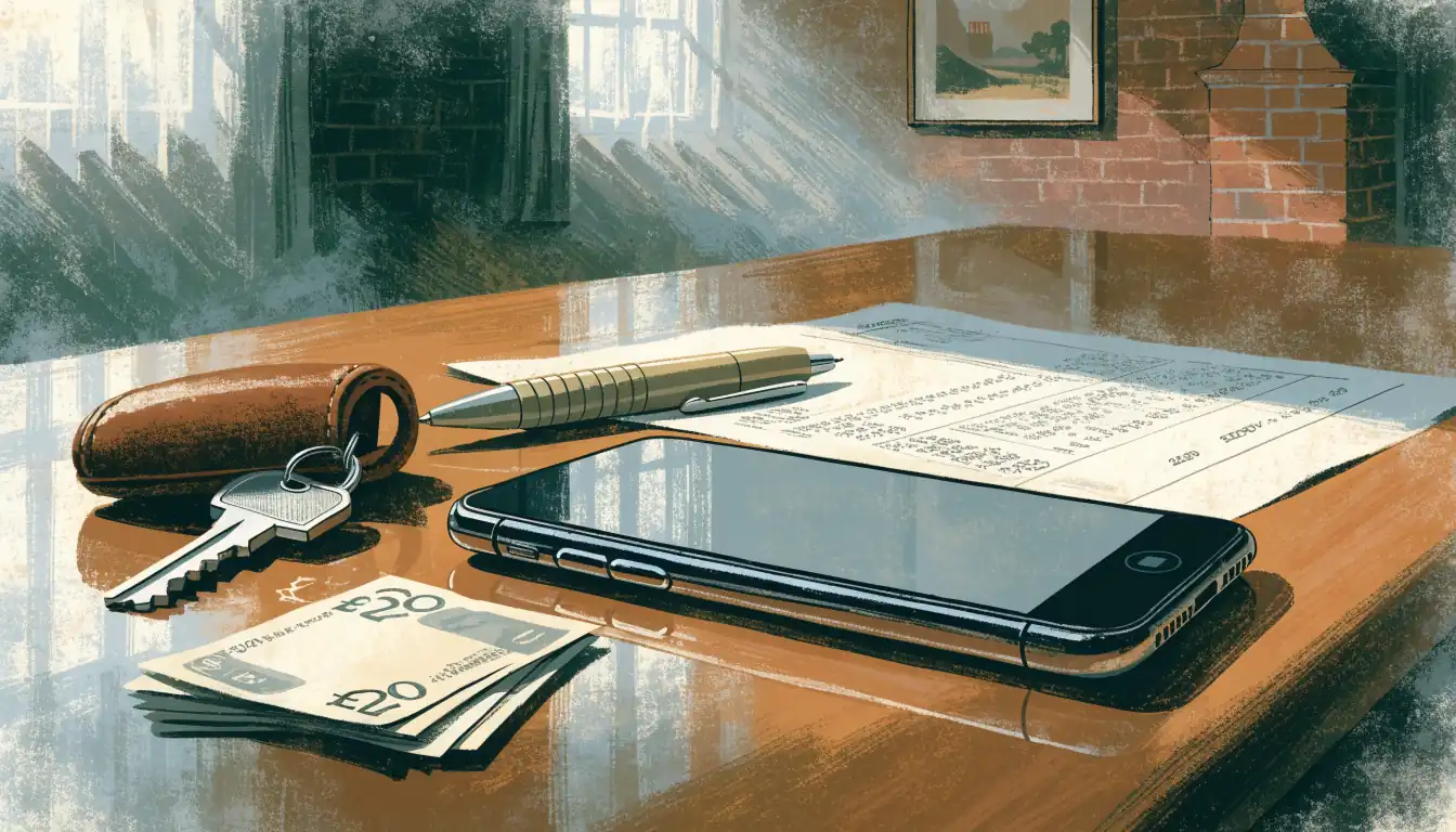 British pounds, smartphone, and bank statement on a desk