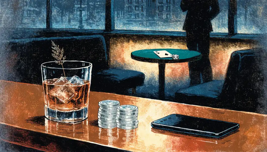 Whisky glass, crypto coins and face-down smartphone on a London bar counter near a quiet card table.