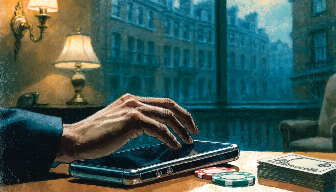 Hand holding smartphone next to poker chips and pound notes on a table.