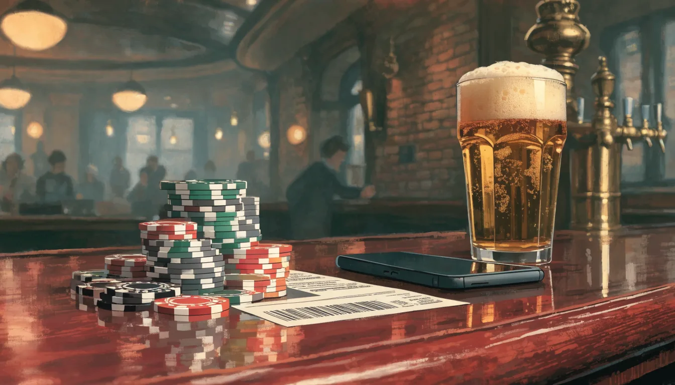 Casino chips and a prepaid voucher on a wooden bar in a British pub-style gaming lounge.