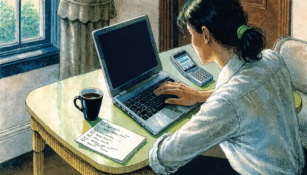 Person at desk with laptop checking payment options in a British home office