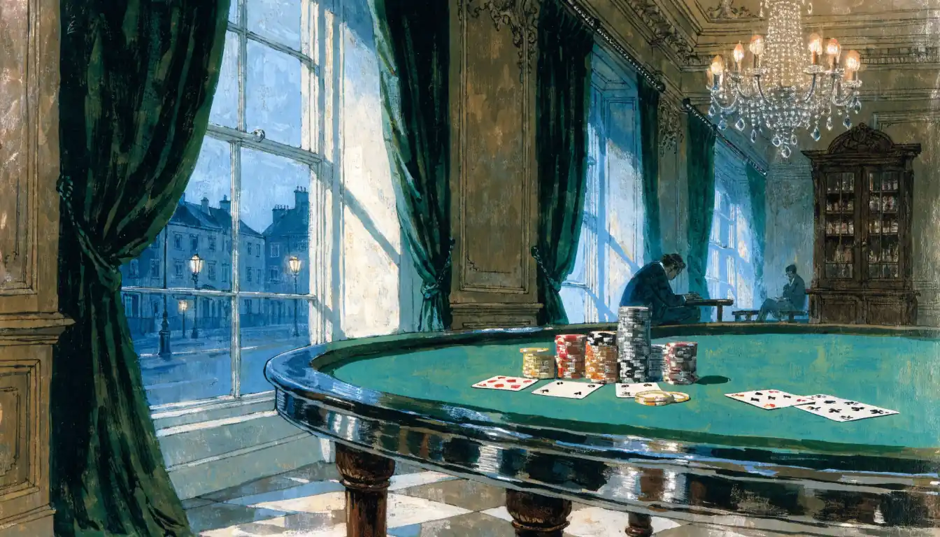 Elegant British casino interior with gaming table, chips and chandelier