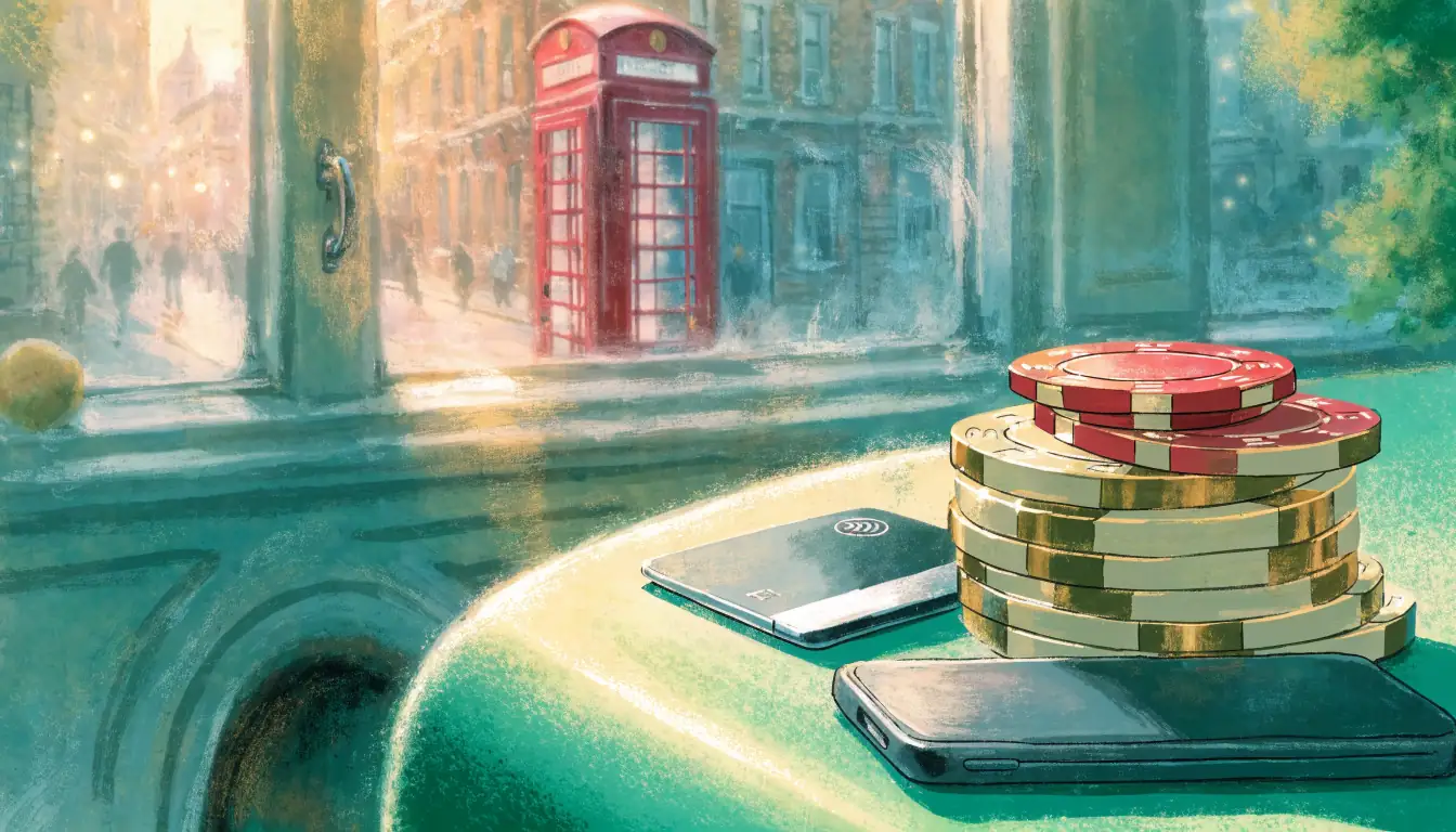 Casino chips and a payment card on a felt table with a London street view