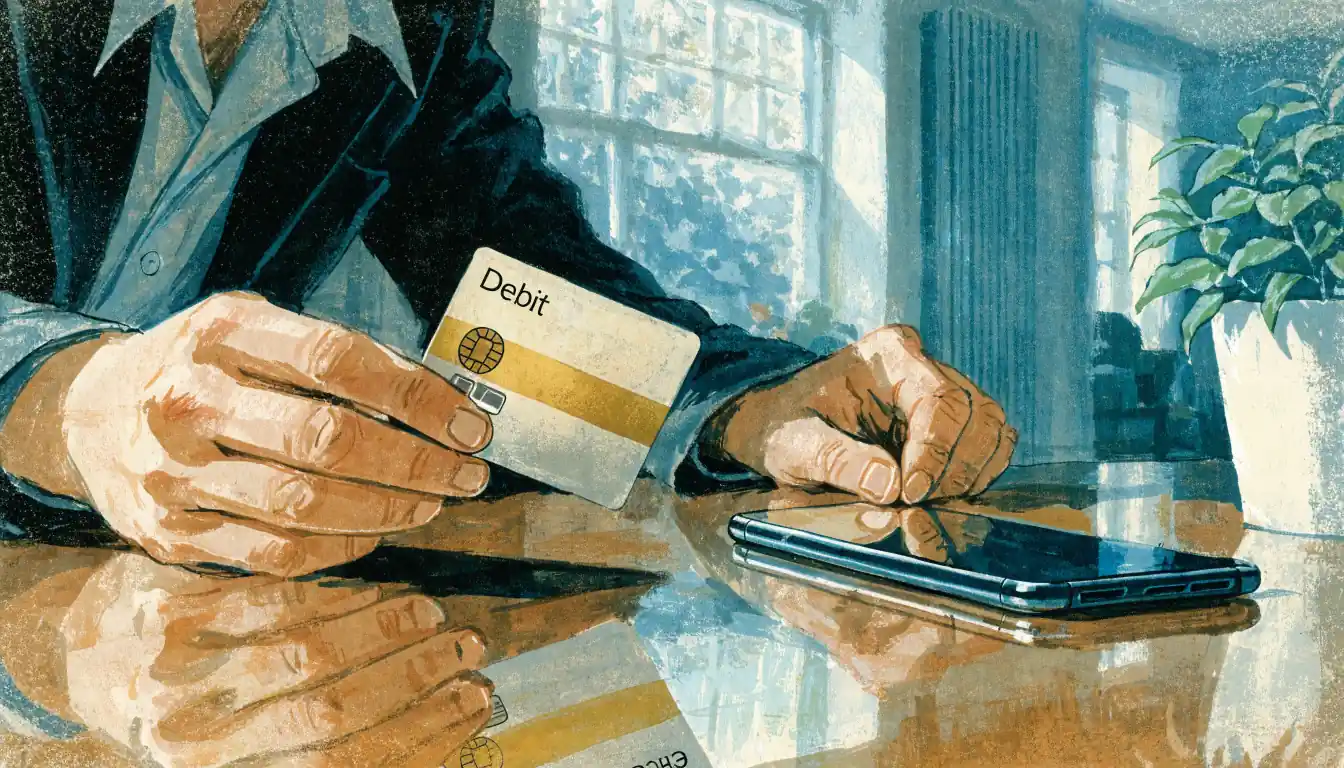 Hands holding a debit card near a smartphone in a British home interior