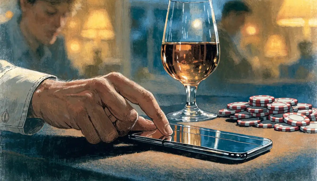 Card placed on a casino-style table with chips and a drink.
