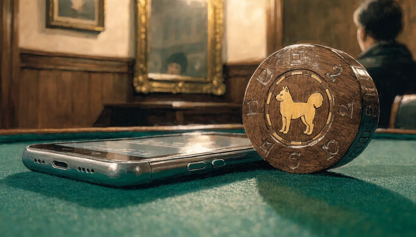 Casino chip with Shiba Inu emblem on felt beside a phone in a British pub interior