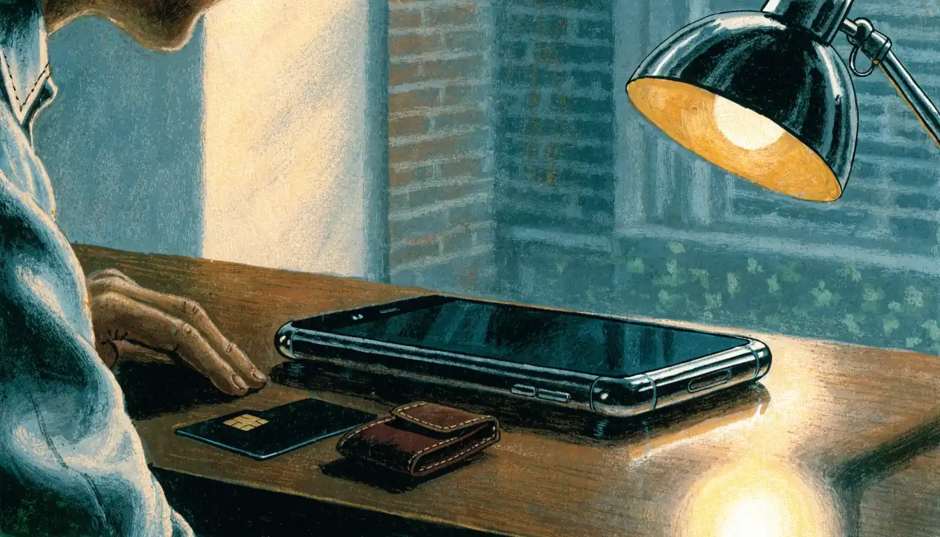 Smartphone, contactless card and keys on a table in soft warm light.