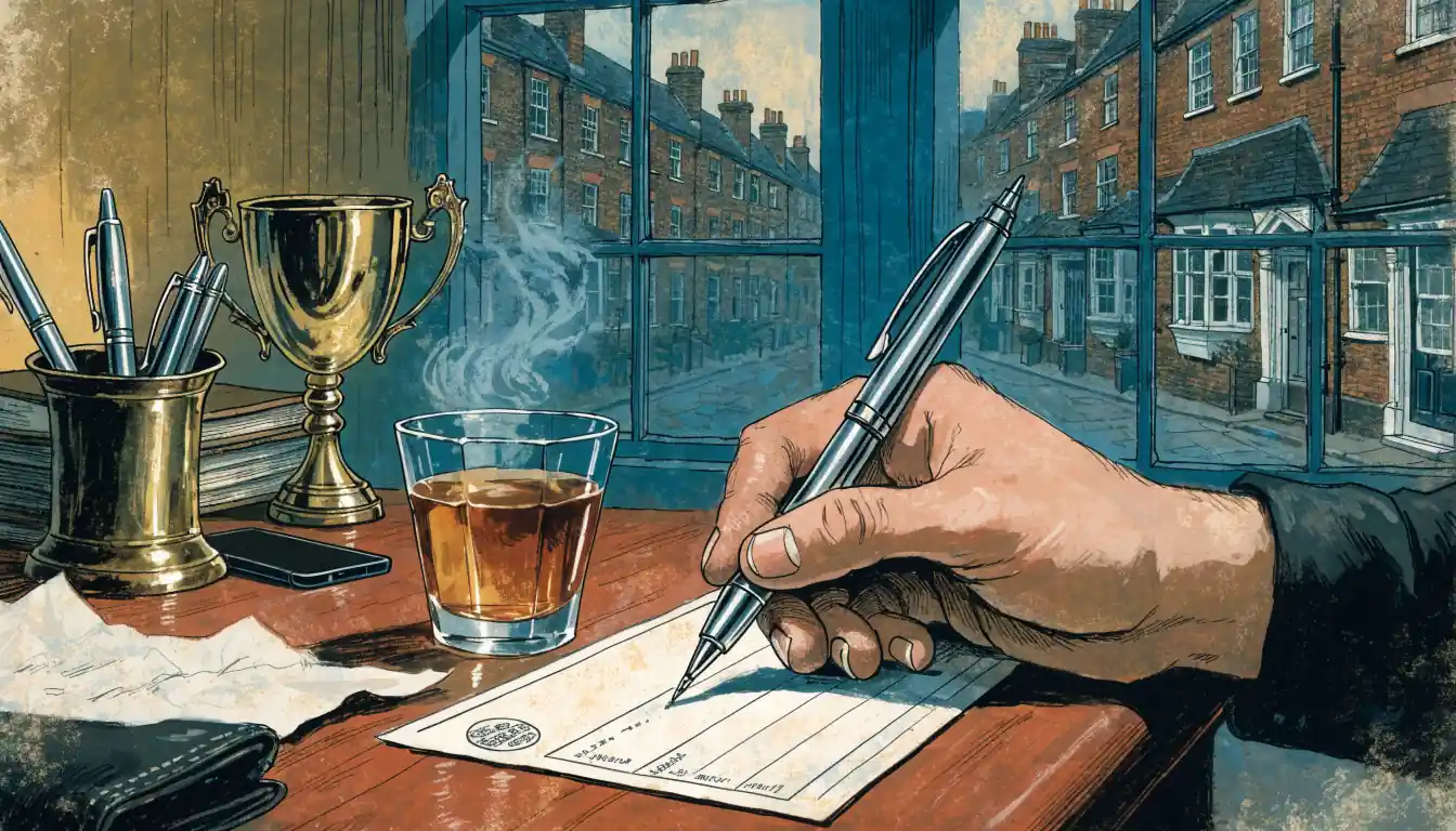 Signing a cheque at a desk in a British home office with a smartphone nearby.
