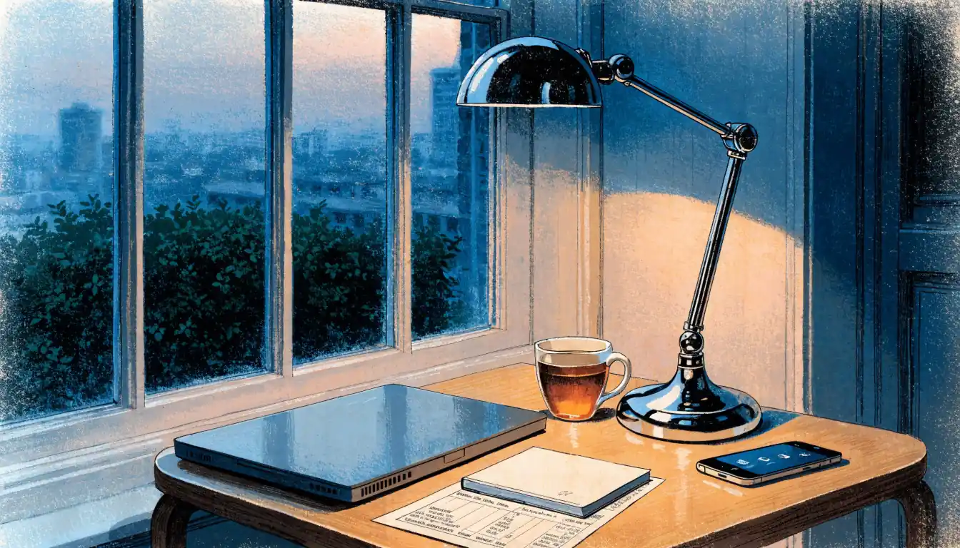 Closed laptop, smartphone, bank statement and chequebook on a table in a UK home at dusk.