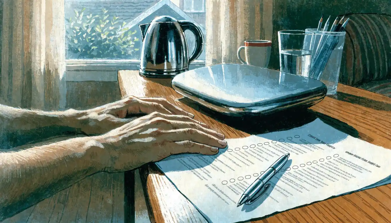 Hands reviewing a payment checklist beside a laptop at a UK home desk.