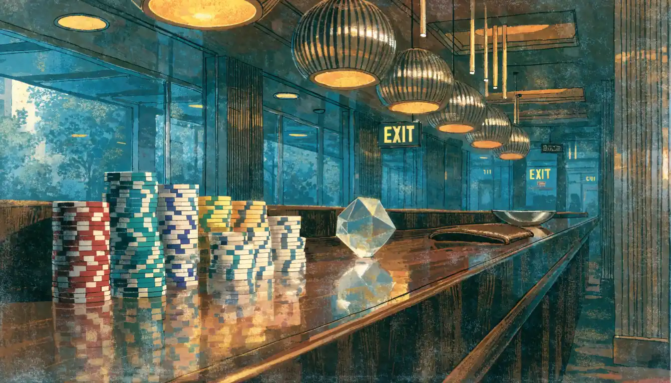 Casino cashier counter with stacked chips and a faceted translucent coin