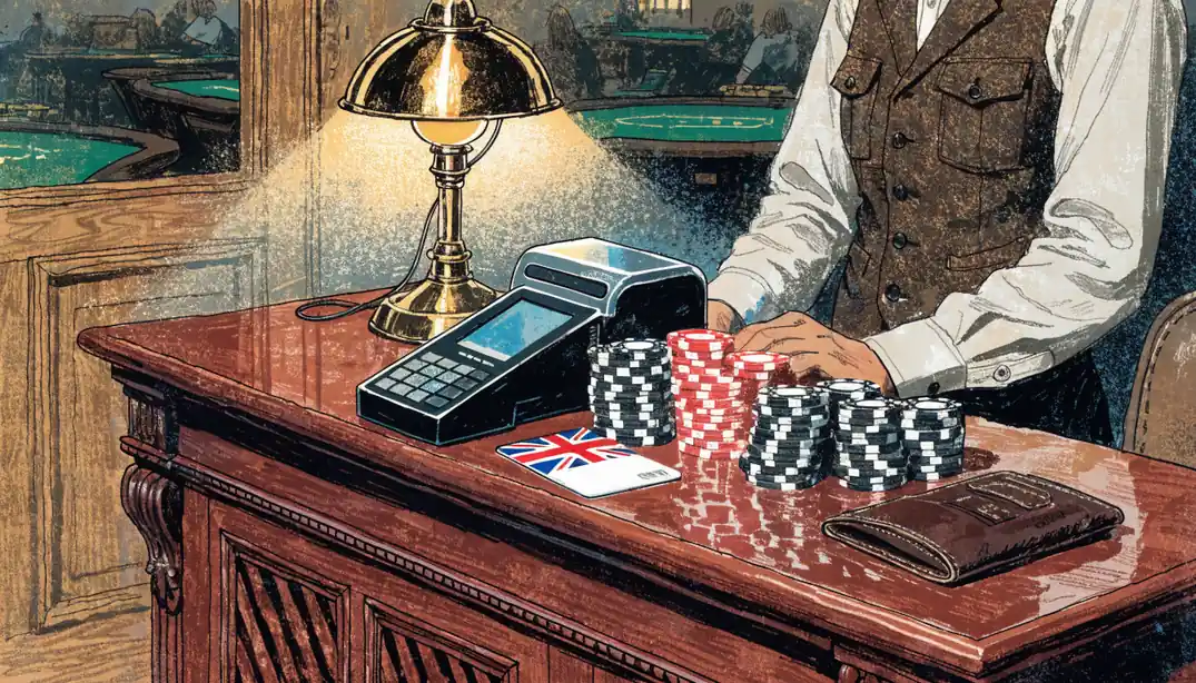 British casino cashier counter with payment terminal, chip stacks, and bank card under warm lamp light