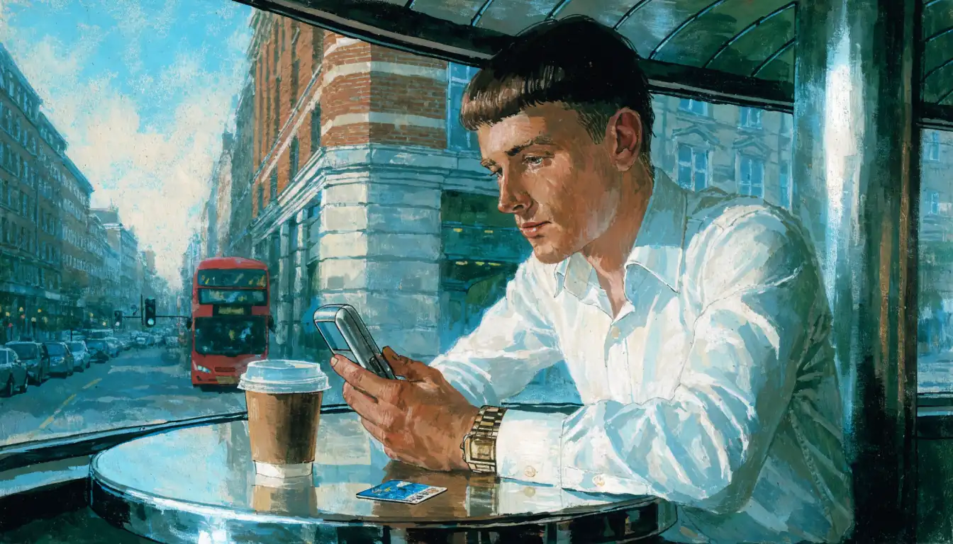 Man holding a smartphone at a café table in a British city, considering a digital payment.