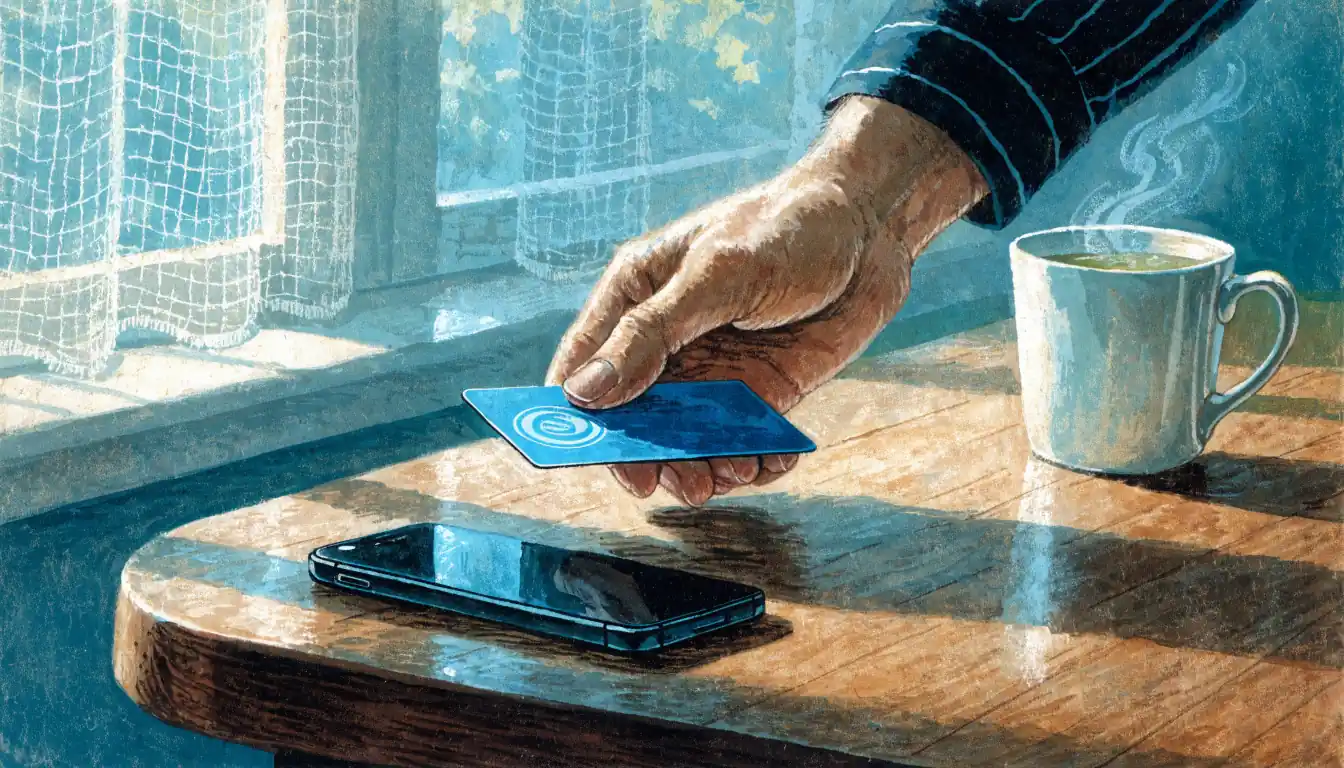Hand holding a bank card near a smartphone on a wooden table with tea.
