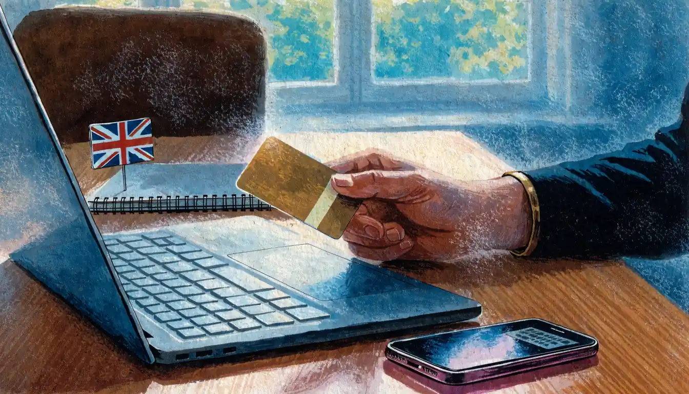 Hand holding a bank card next to a laptop and phone on a desk