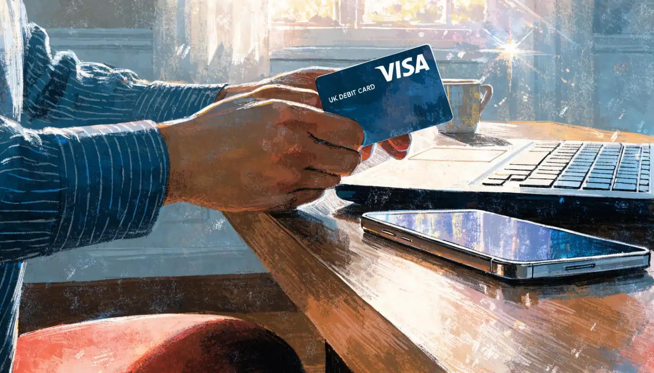 Hands holding a UK bank card near a laptop and smartphone on a kitchen table.