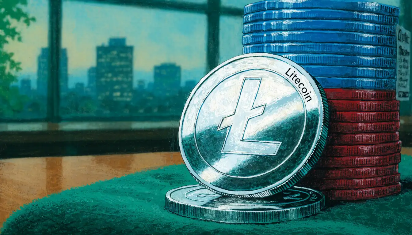 Litecoin coin on green felt with poker chips and a London skyline at dusk.