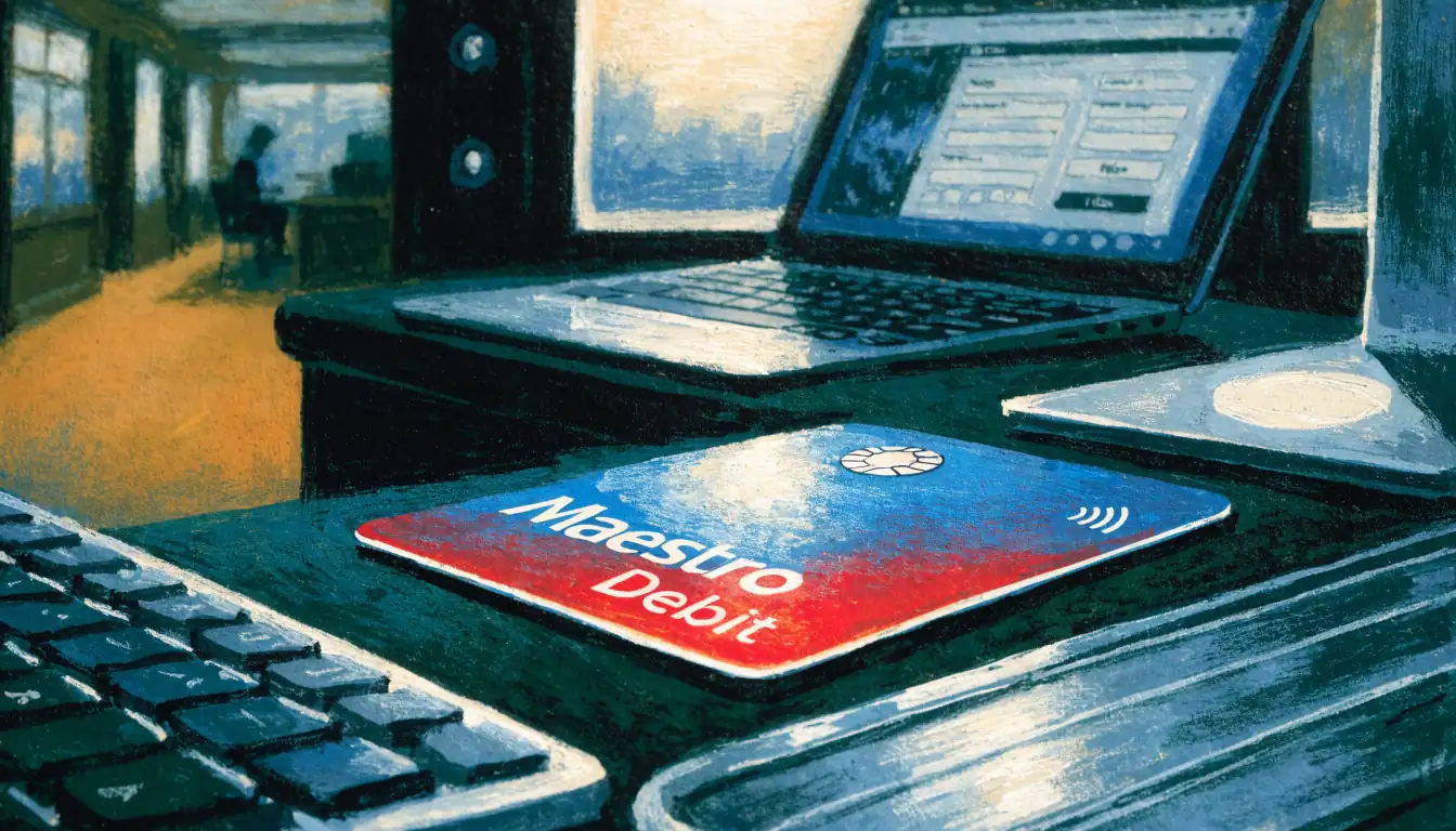 Maestro debit card on casino cashier desk with laptop behind