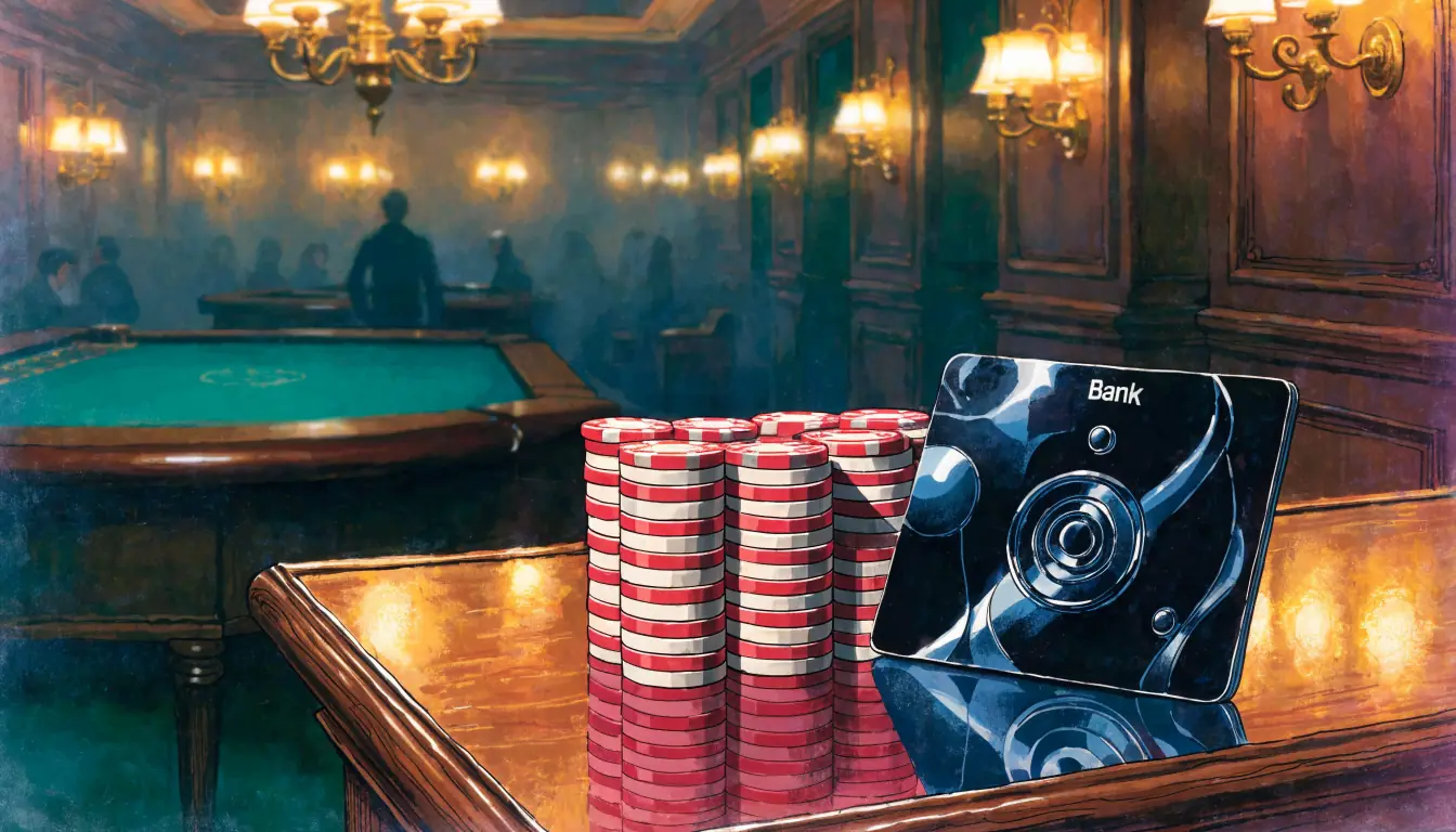 Bank card beside chips on a casino cashier counter with a roulette table in the background