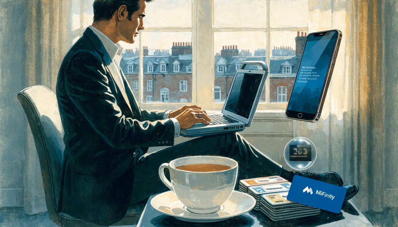 Player reviewing payment options on a laptop with a contactless card and phone on a desk