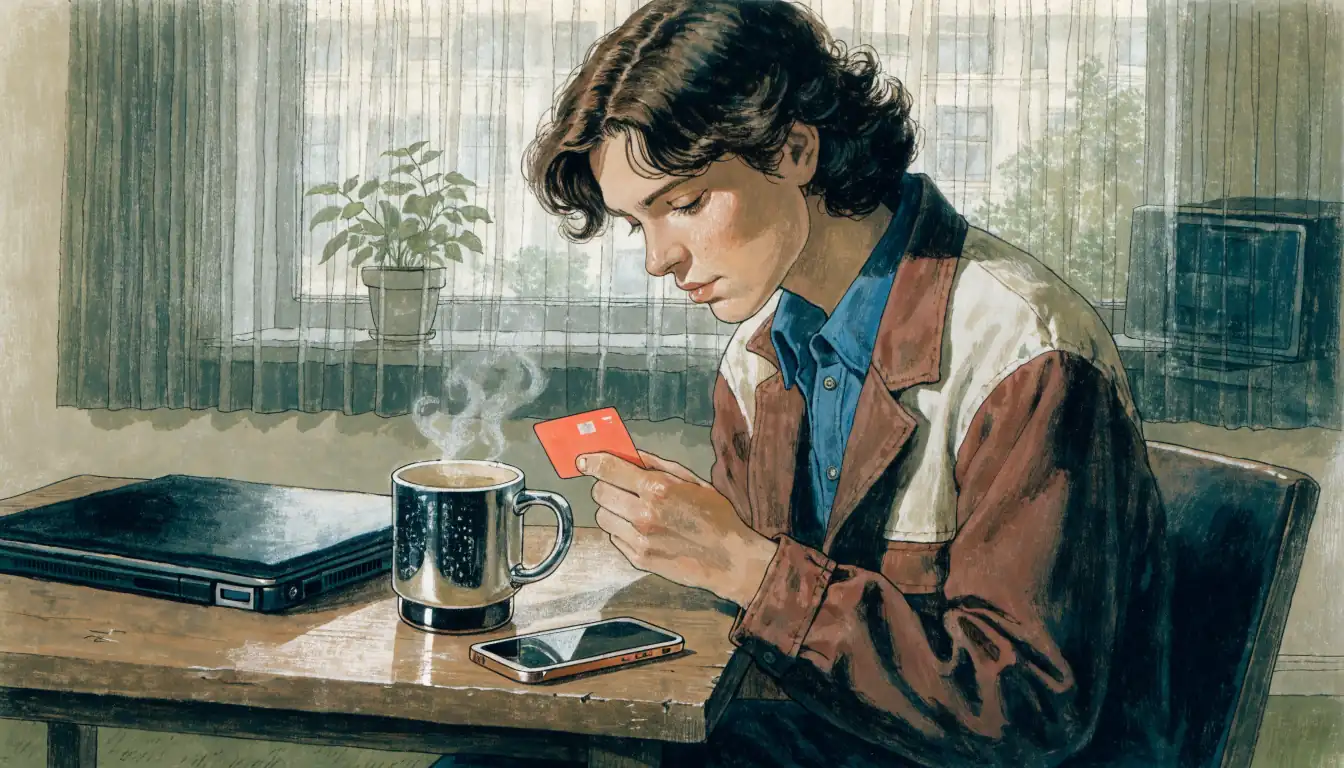 Person at a kitchen table examining a coral bank card, phone face-down beside a cup of tea.