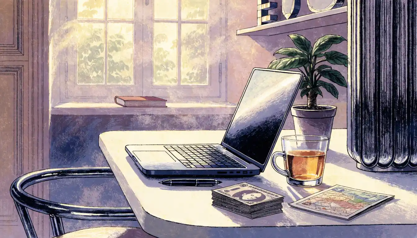 Open laptop on a desk with British pounds, tea, plant and road map.