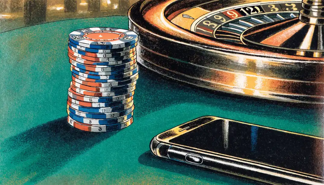 Casino chips, roulette wheel, and a face-down smartphone on a green table