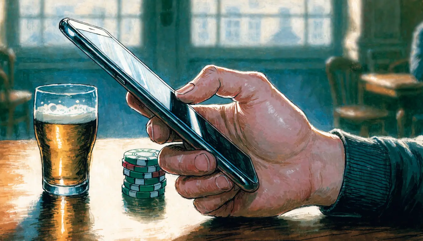 Hand holding a smartphone at a British pub table near chips and a pint glass.