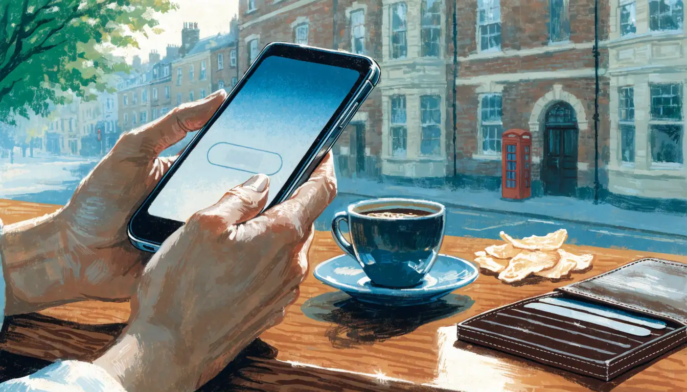 Hands with a smartphone on a British high street table beside chips and coffee.