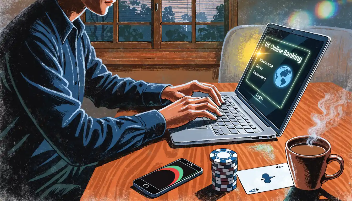UK online banking screen on a laptop with casino chips and a card on a desk.