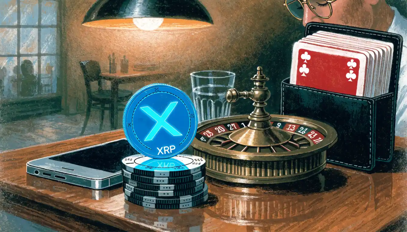 Smartphone, casino chips, roulette wheel and XRP coin on a dimly lit table.
