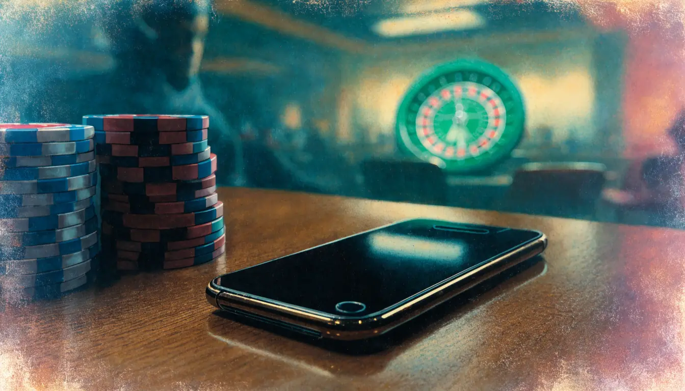Smartphone next to casino chips in a UK gaming lounge