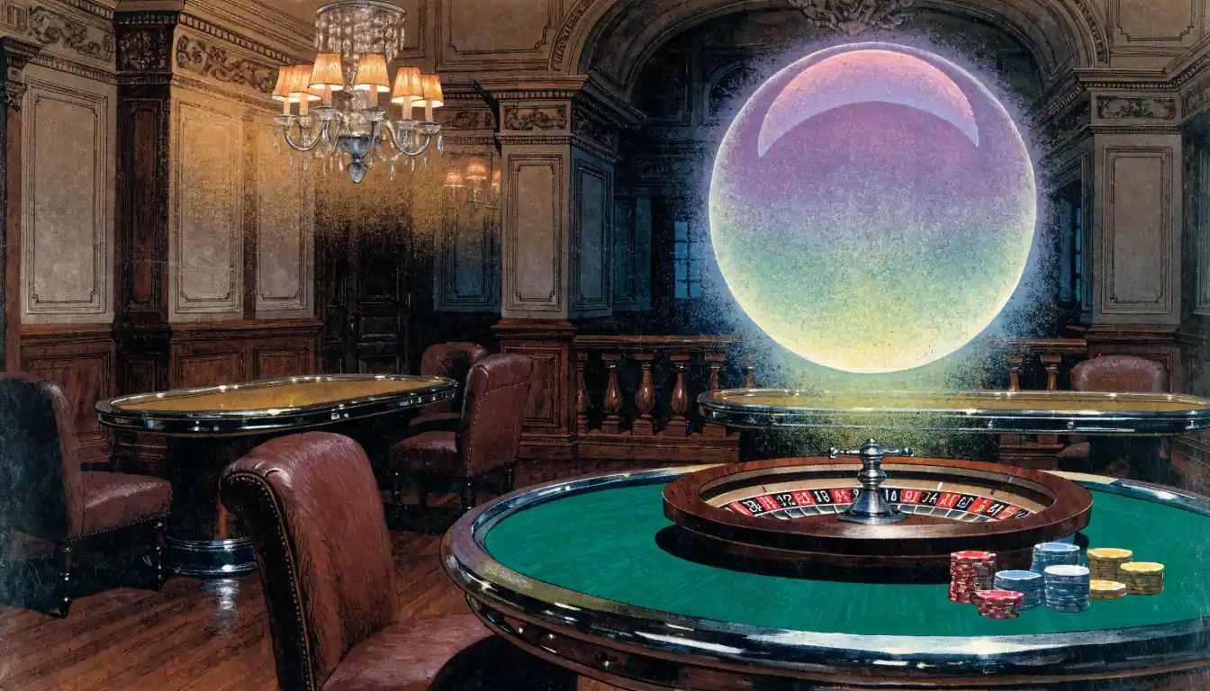 Elegant UK casino interior with roulette table, chips, and a glowing purple-green sphere.