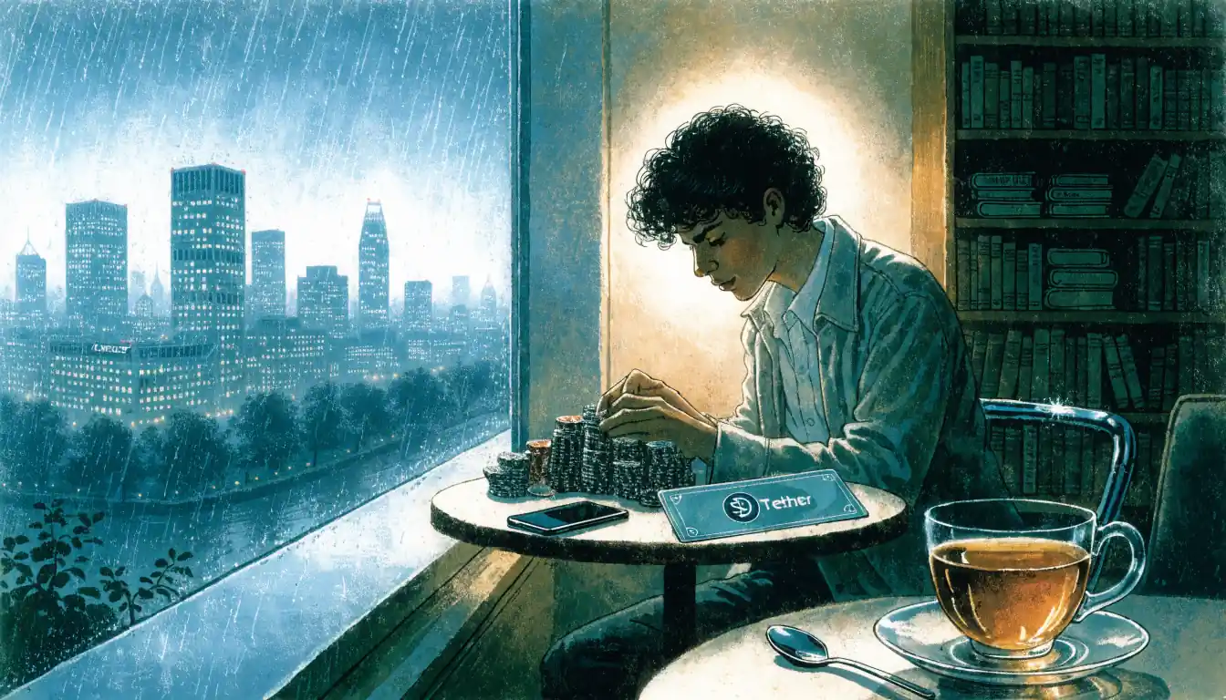 Person with casino chips and a Tether card at a London apartment table
