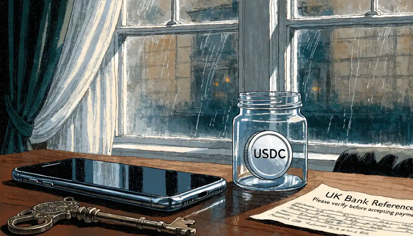UK home desk with phone, USDC token, and paperwork suggesting crypto deposit verification.