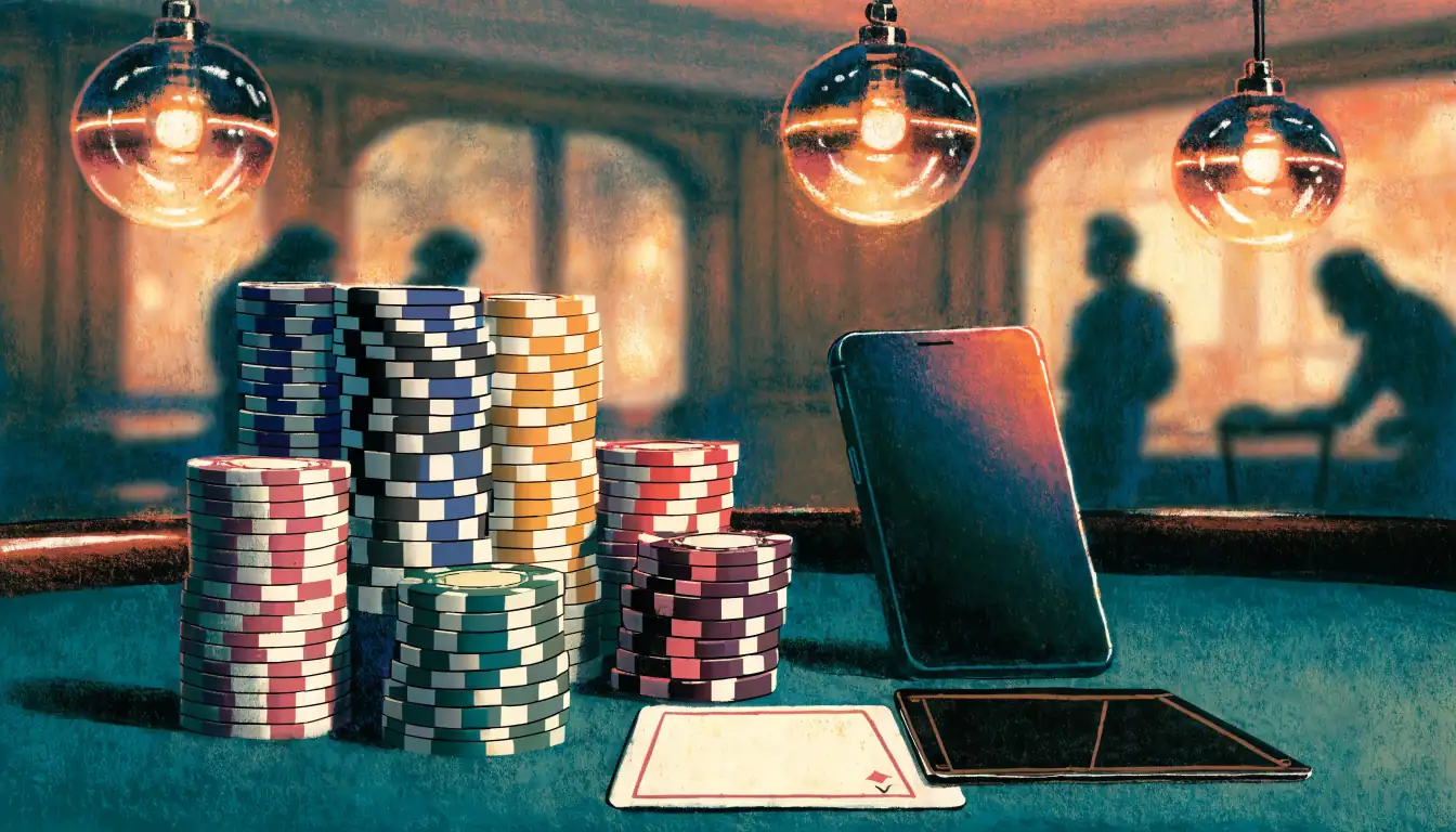 Casino chips, face-down cards, and a phone on green felt in a warm British club.