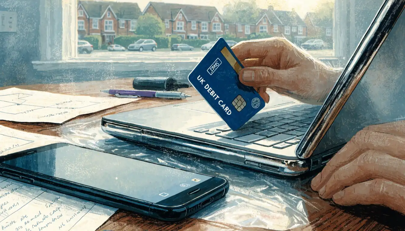 Hands holding a UK debit card next to a laptop on a desk by a window.