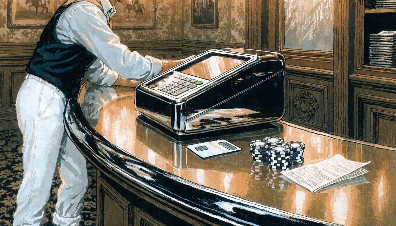 Customer at a UK casino cashier counter reviewing available payment methods beside chips and a card
