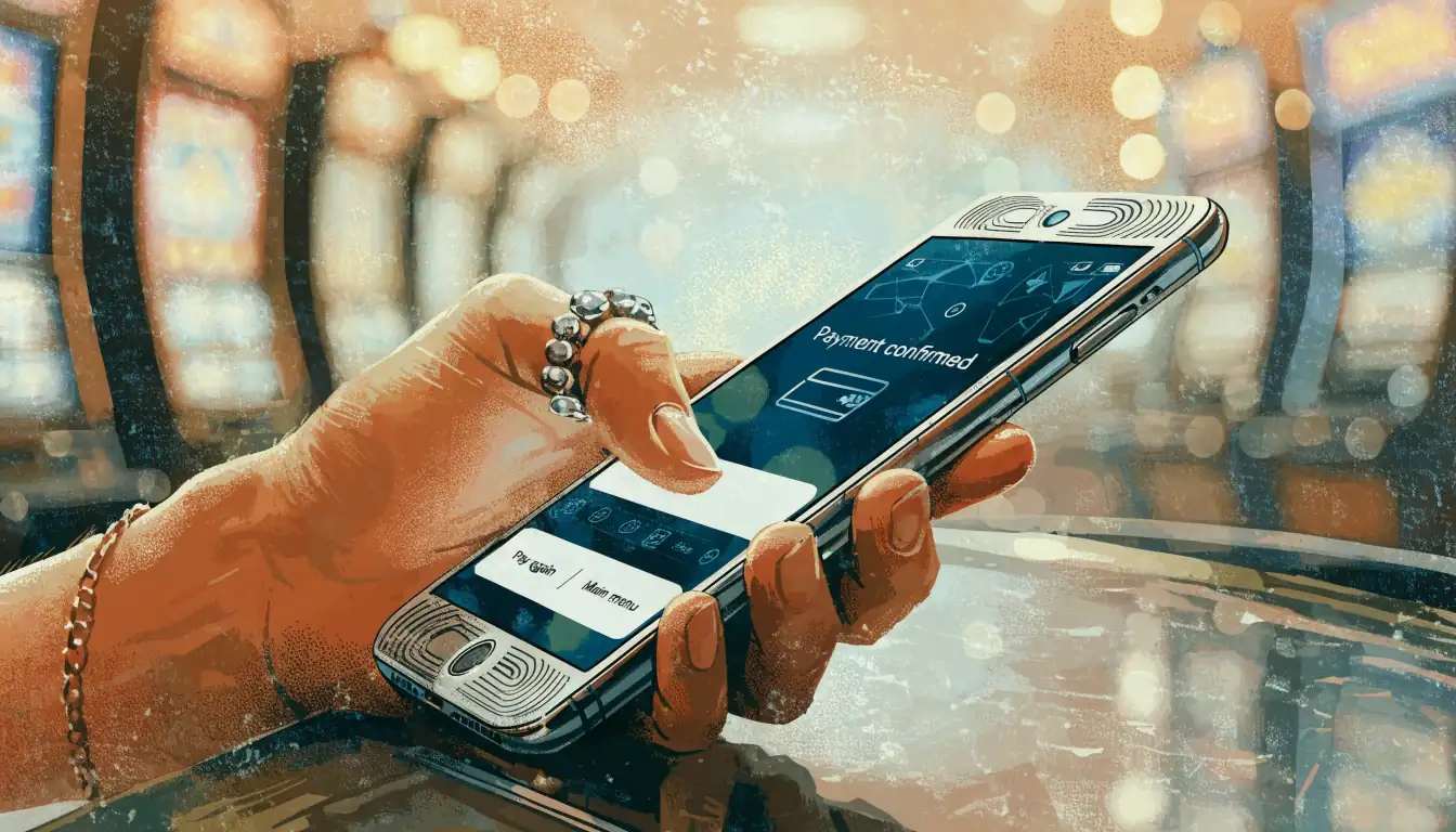Hand holding smartphone at a UK casino cashier counter with blurred gaming floor behind.
