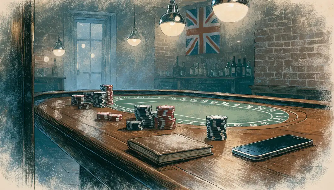 Dim British gaming lounge with roulette table, chips, and face-down phone
