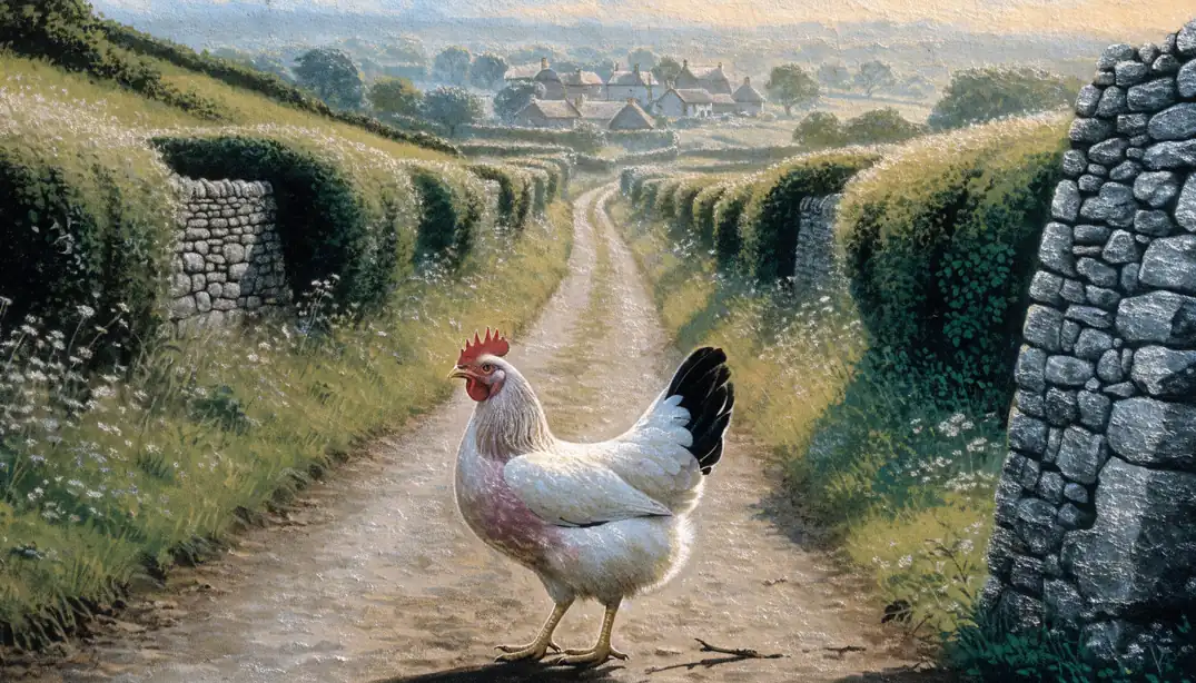 A white chicken crossing a quiet English country lane between hedgerows