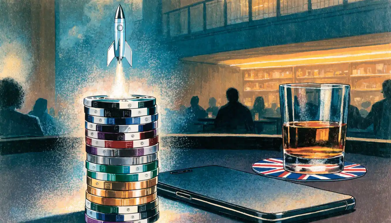 Casino chips with a miniature rocket launch on a dark table in a London gaming lounge.