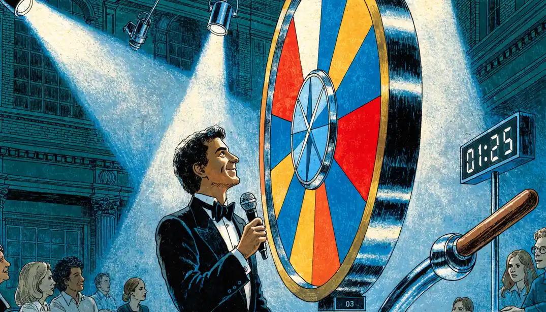 Live game show studio with a large money wheel, a tuxedoed host and audience in a London venue.