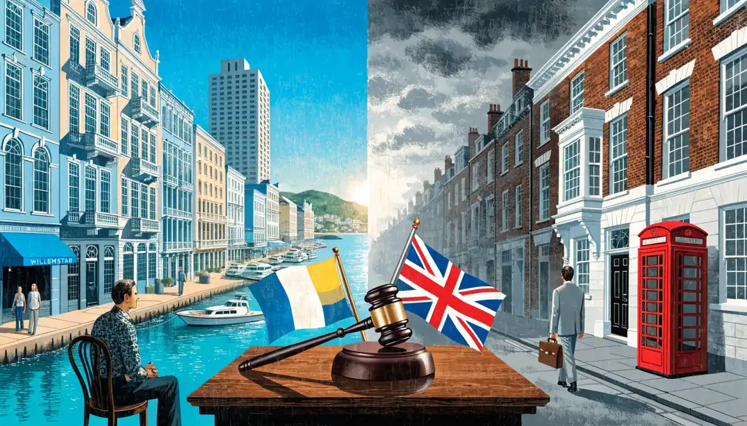 Split scene of Willemstad harbour and a rainy London street with a gavel and two flags.