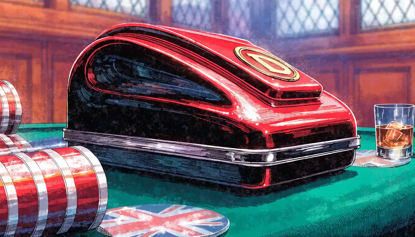 Casino chips and a red briefcase on a green felt gaming table in a UK bookmaker interior