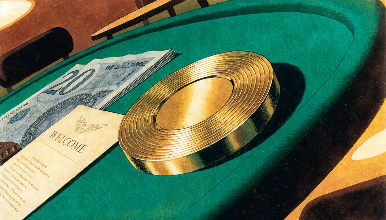 Golden casino chip, twenty-pound note and welcome envelope on a green felt table.