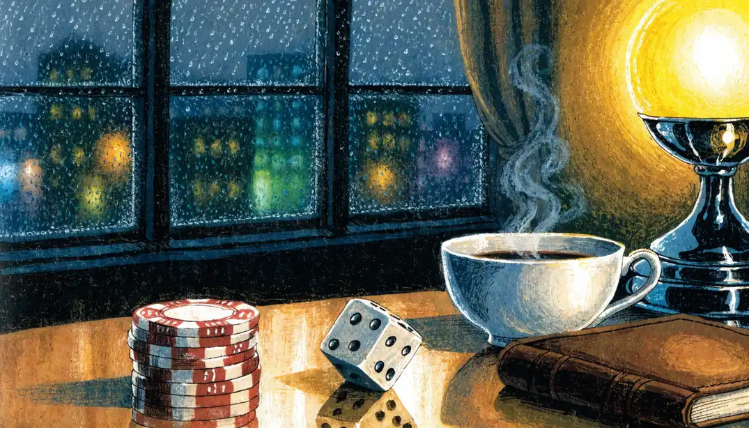 Cozy London evening scene with casino chips, a die, and a teacup on a wooden table.