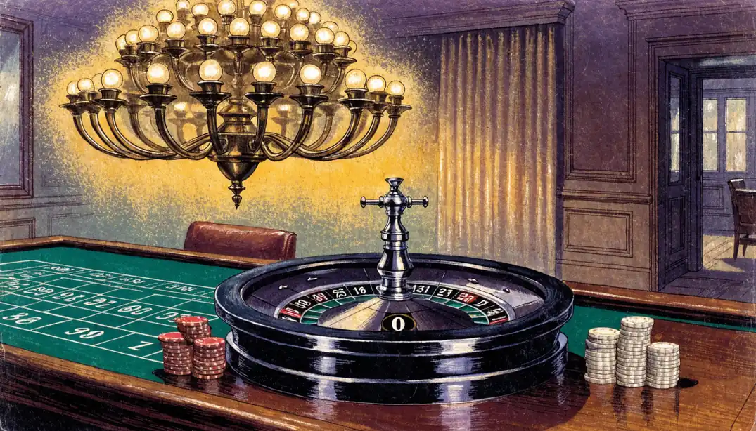 Single-zero roulette wheel on green felt table in traditional British casino